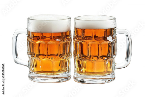 Two frosty beer mugs with golden drink and foamy tops, transparent background photo