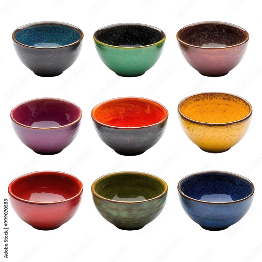 Colorful ceramic bowls arranged, transparent background Colorful ceramic bowls arranged, transparent background
