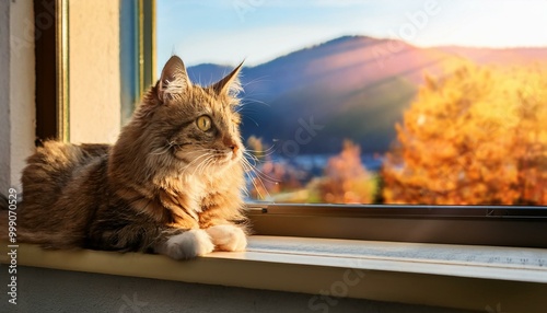 大きな窓辺に座る猫が、日差しの中でリラックスしながら外を眺めている。窓から差し込む光「が猫の毛並みを柔らかく照らし、その目には外の鳥や風景が映りこんでいる