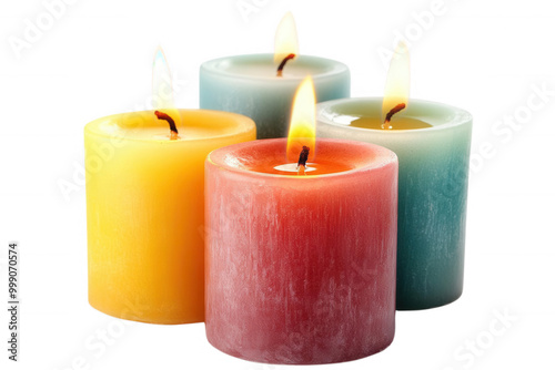 Colorful candles with flames, vibrant and inviting atmosphere, transparent background
