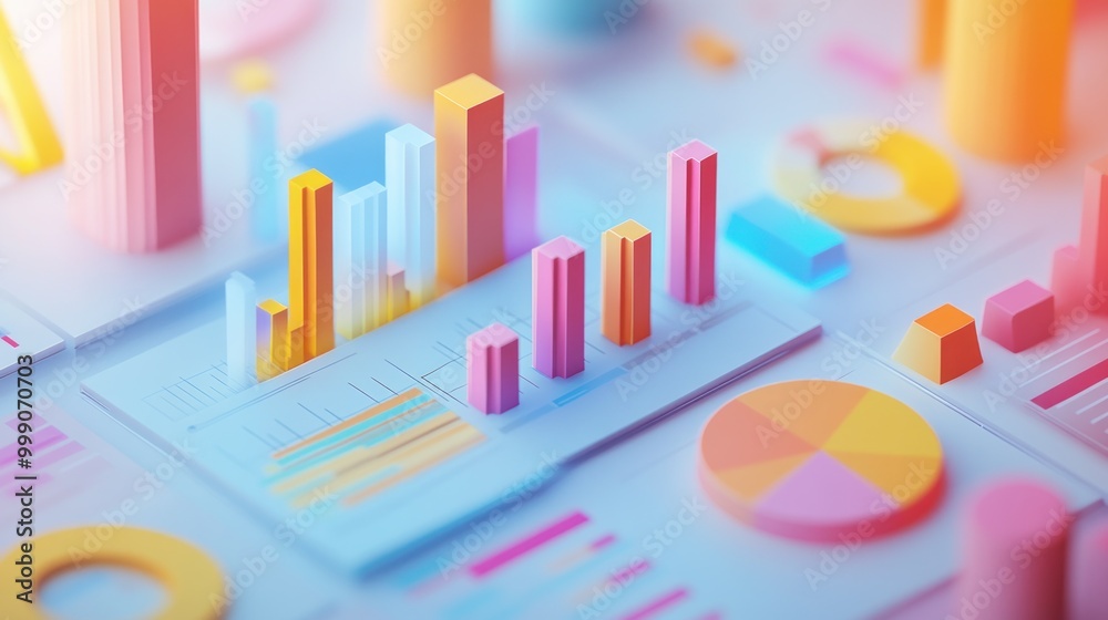 Colorful 3D bar graph with other geometric shapes on a white background. Colorful 3D bar graph with other geometric shapes on a white background.