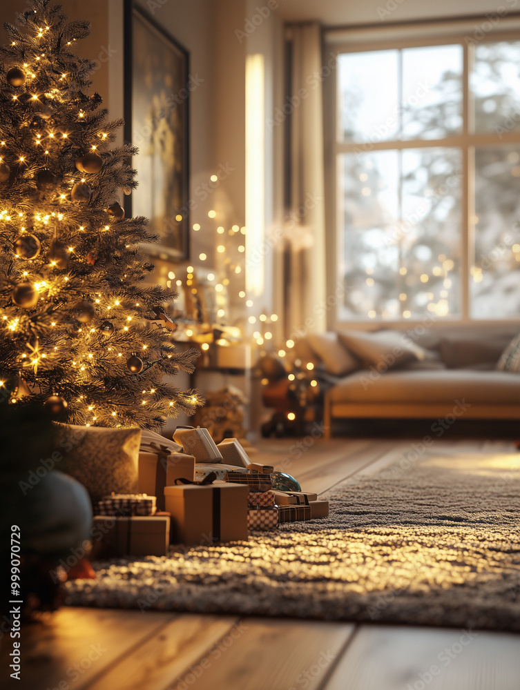 Living Room with Magical Lights and a Christmas Tree in Cinematic Lighting Living Room with Magical Lights and a Christmas Tree in Cinematic Lighting