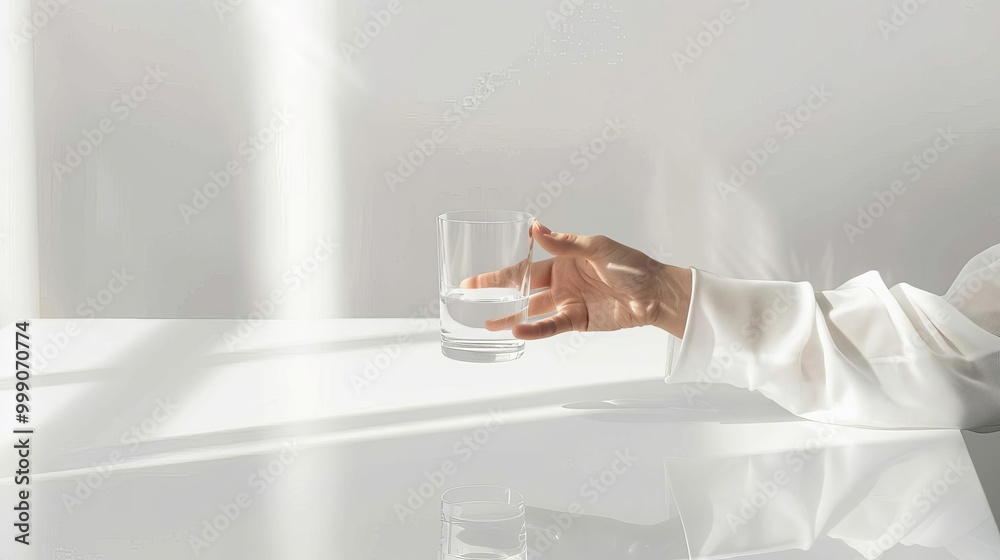 Woman holding glass, white space, placing on white table, minimalist and clean, high detail, serene and simple scene Woman holding glass, white space, placing on white table, minimalist and clean, high detail, serene and simple scene