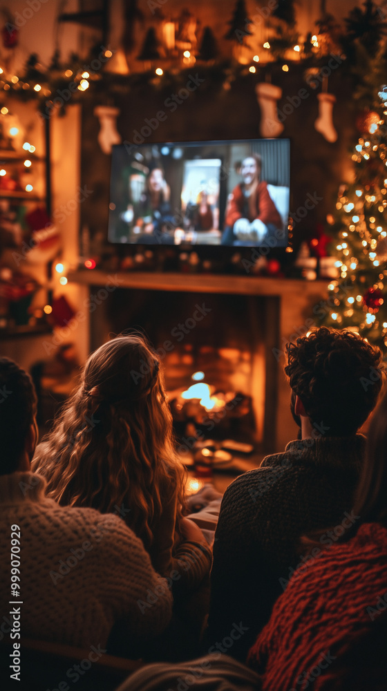 Cozy Christmas Gathering with Friends Watching TV in a Warm Holiday Setting Cozy Christmas Gathering with Friends Watching TV in a Warm Holiday Setting
