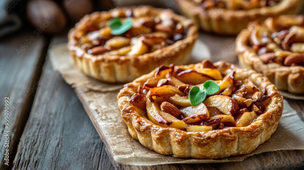 Apple almond pastries with a crispy crust, topped with caramelized apples and toasted almonds, fresh out of the oven generative ai Apple almond pastries with a crispy crust, topped with caramelized apples and toasted almonds, fresh out of the oven generative ai