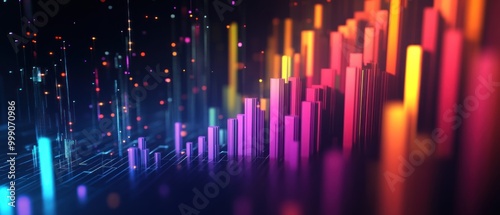 Abstract colorful bars with glowing particles on a dark background.