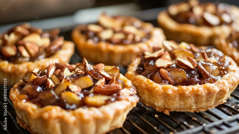 Apple almond pastries with a crispy crust, topped with caramelized apples and toasted almonds, fresh out of the oven generative ai