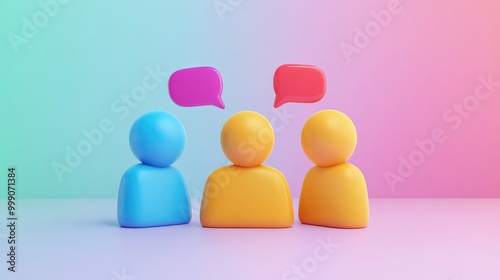 Three 3D cartoon figures with speech bubbles representing communication, teamwork, and collaboration.