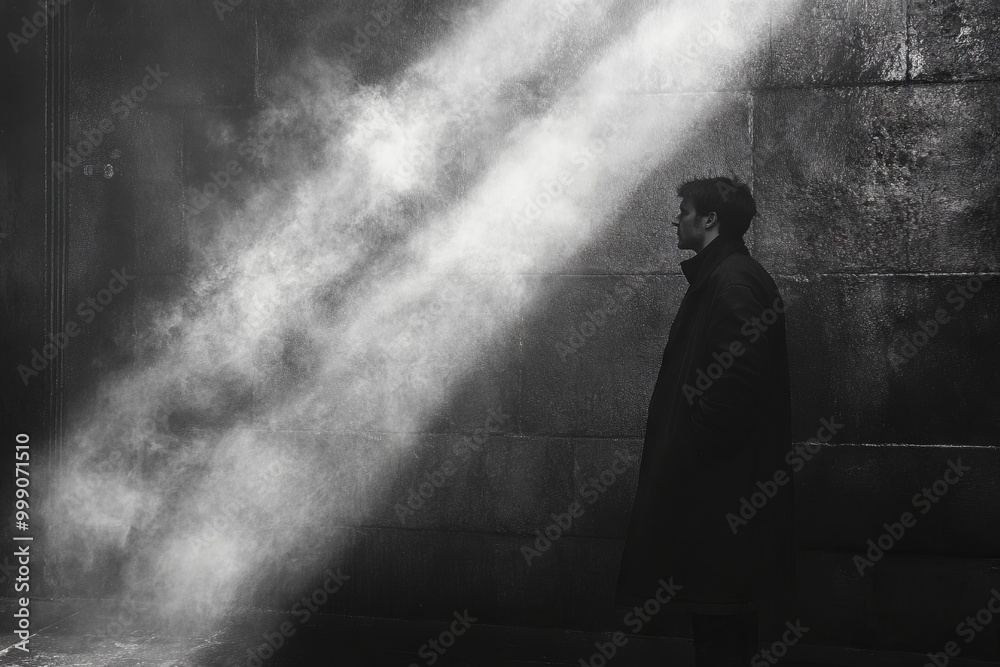 Man in a coat stands in a beam of light. Man in a coat stands in a beam of light.
