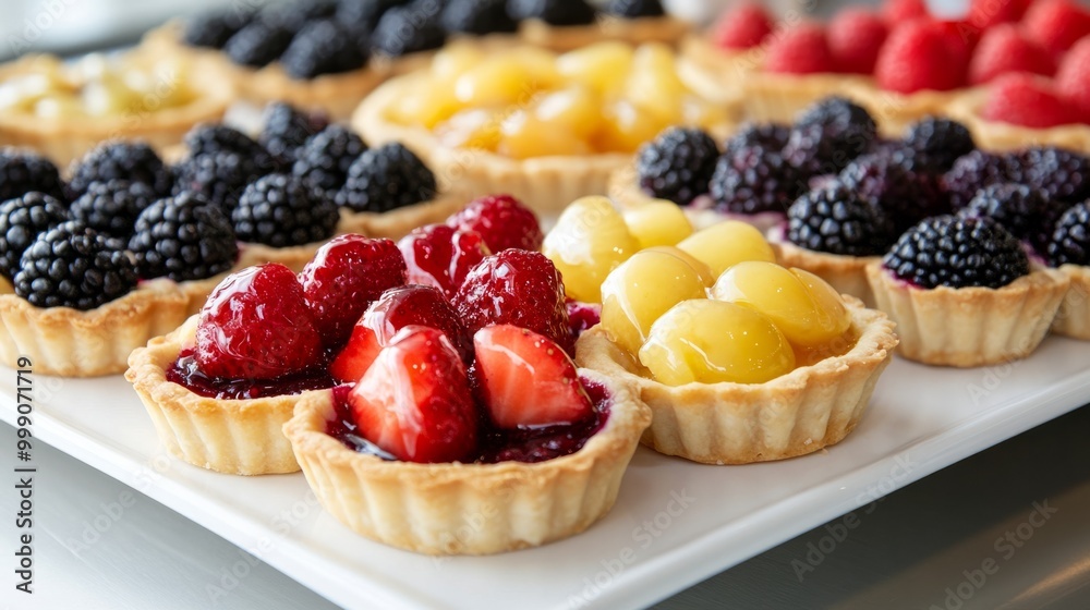 Assorted French berry tarts with glazed fruit, served on a white ceramic platter in a chic bakery generative ai Assorted French berry tarts with glazed fruit, served on a white ceramic platter in a chic bakery generative ai