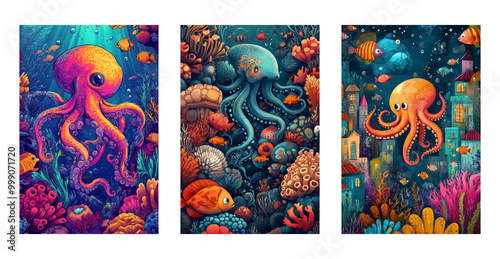 Colorful underwater scene with marine life and octopuses photo