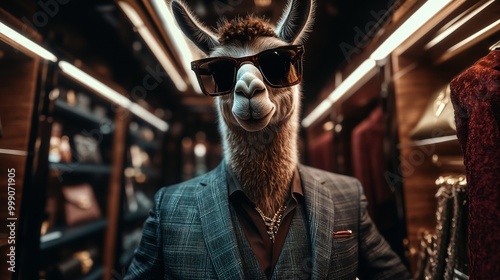 Stylish Llama Wearing Sunglasses and Suit in Fashionable Boutique