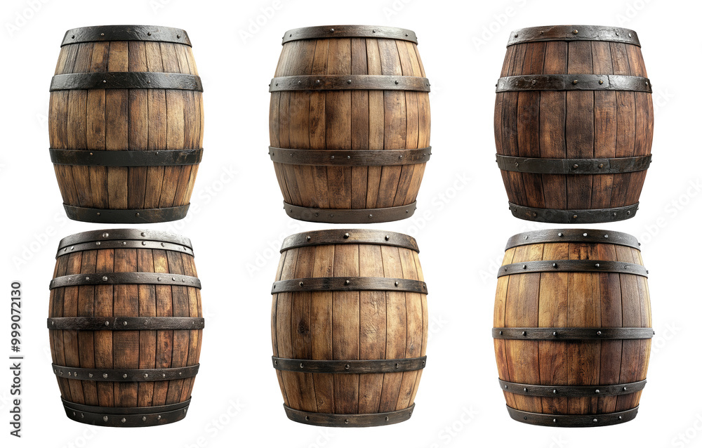 Obraz premium Rustic wooden barrels isolated on transparent background