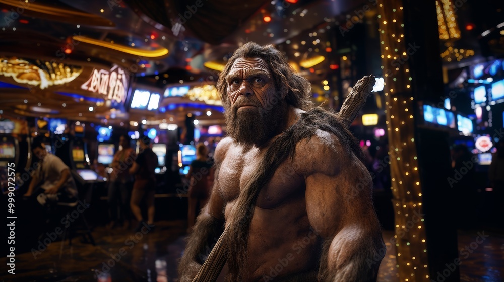 Caveman in Modern Casino Setting with Bright Lights and Slots Caveman in Modern Casino Setting with Bright Lights and Slots