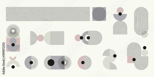 Monochromatyczny zestaw abstrakcyjnych elementów z kolorystycznym akcentem. Geometryczne kształty w paski, minimalistyczne cienkie linie, łuki, elipsy, kwadraty. Ilustracja wektorowa.