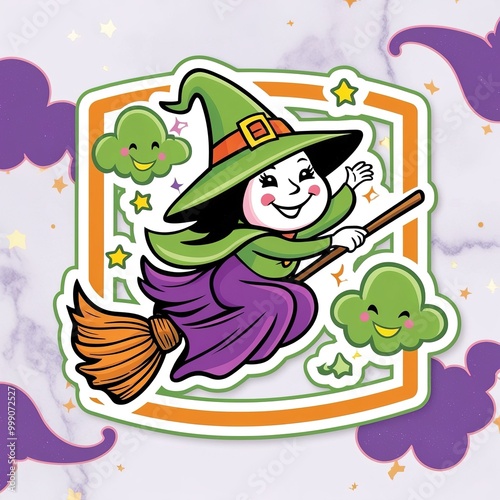 Halloween sticker with white border of a witch flying on a broom. halloween sticker. sticker.