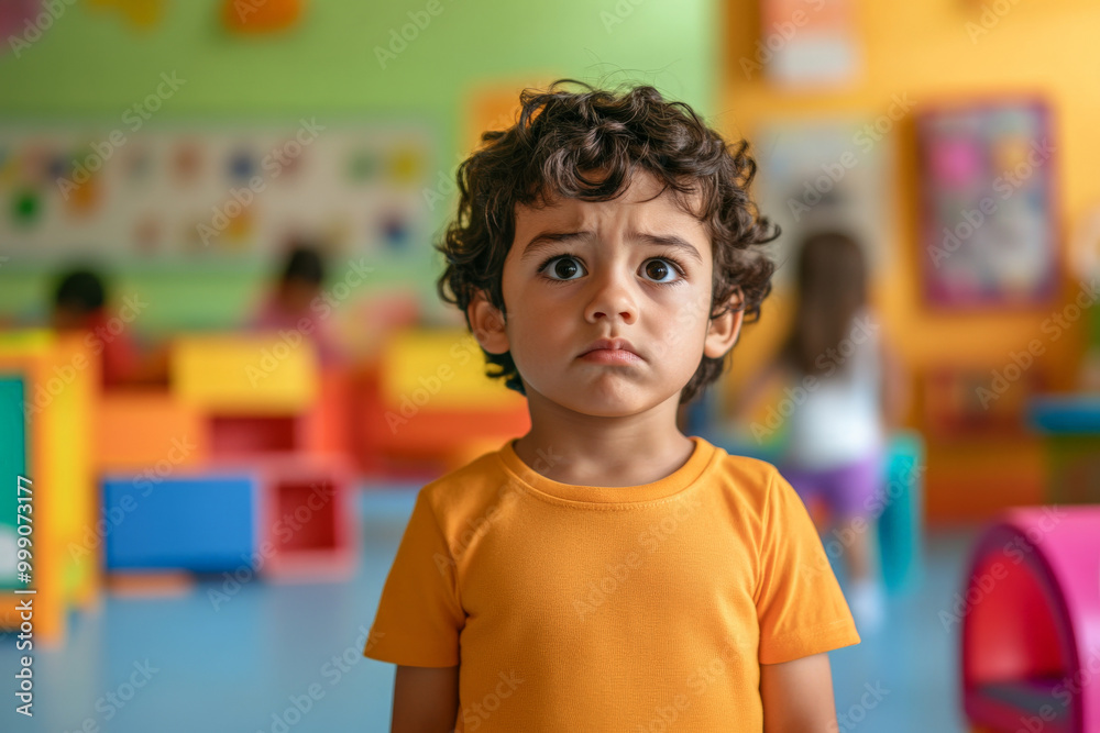 A 3-year-old Hispanic boy standing alone in the middle of a colorful kindergarten, looking confused and unsure of what to do, as other kids are engaged in playful activities. A 3-year-old Hispanic boy standing alone in the middle of a colorful kindergarten, looking confused and unsure of what to do, as other kids are engaged in playful activities.