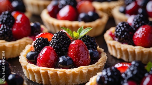 Beautifully arranged fruit tarts with a variety of fresh berries, golden pastry base generative ai