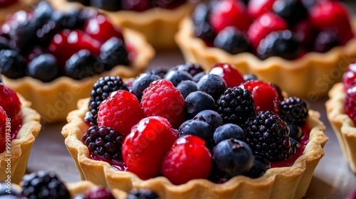 Beautifully arranged fruit tarts with a variety of fresh berries, golden pastry base generative ai