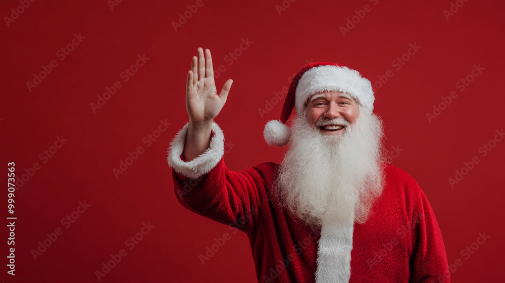 Santa Claus with a joyful smile, giving a high five directly to the viewer, standing against a bright red background. His white beard and red suit contrast beautifully, leaving ample copy space. Santa Claus with a joyful smile, giving a high five directly to the viewer, standing against a bright red background. His white beard and red suit contrast beautifully, leaving ample copy space.