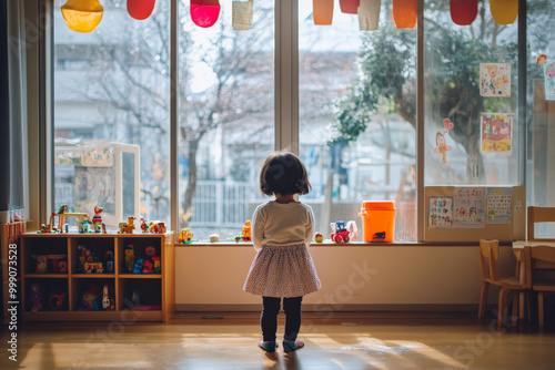 A 3-year-old Japanese girl standing alone by the window in a bright kindergarten, looking confused, her classmates playing nearby, filling the room with toys and cheerful decorations. photo