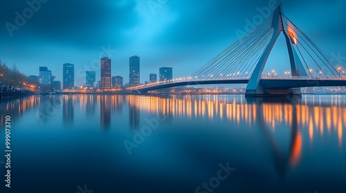 Erasmus Bridge Rotterdam Netherlands Night Skyline Photography.