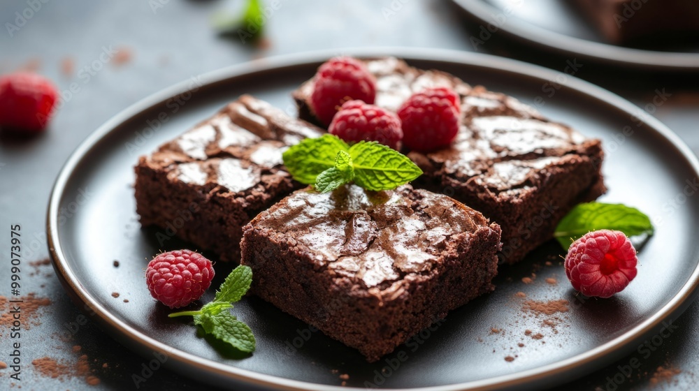 Brownie on a plate with raspberries and mint leaves for garnish, chocolate dessert background generative ai Brownie on a plate with raspberries and mint leaves for garnish, chocolate dessert background generative ai