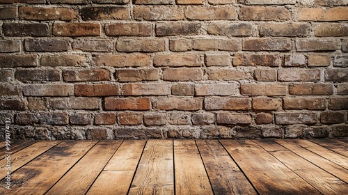 Rustic wooden floor with weathered brick wall backdrop.