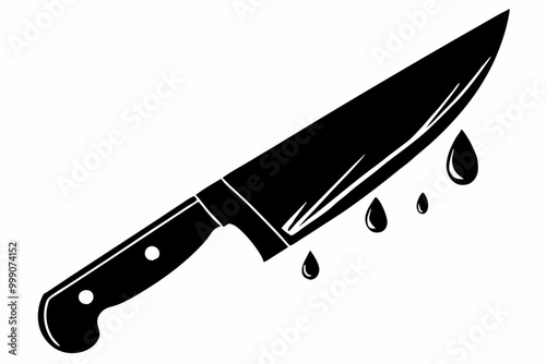 A sharp chef's knife with a black handle, Bloody Knife Silhouette, Horror, Thriller, Gore, Sadistic, Splatter, Slasher, Mystery, or Halloween Poster Film Movie. Vector Illustration