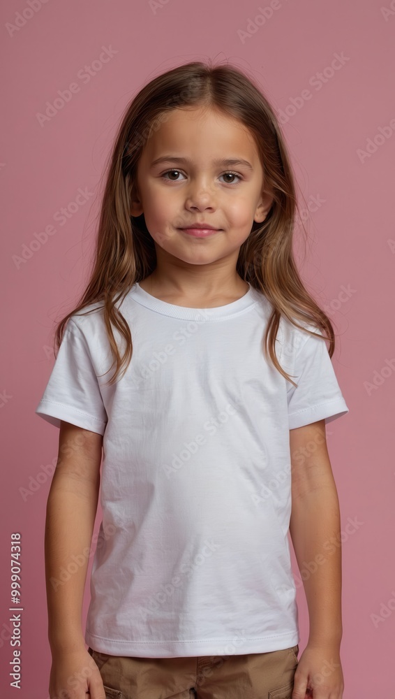 Young girl with side-parted hair wearing plain white t-shirt and bracelet, calm gaze Young girl with side-parted hair wearing plain white t-shirt and bracelet, calm gaze