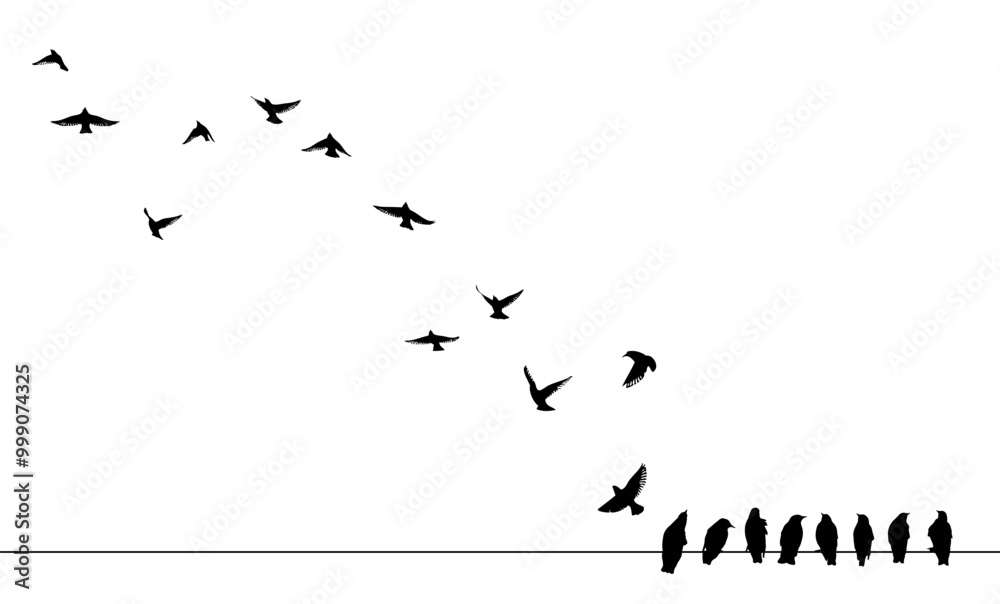 Starlings sitting on wires and flying into the sky. Flying birds silhouette flock. hand drawing. Not AI. Vector illustration Starlings sitting on wires and flying into the sky. Flying birds silhouette flock. hand drawing. Not AI. Vector illustration