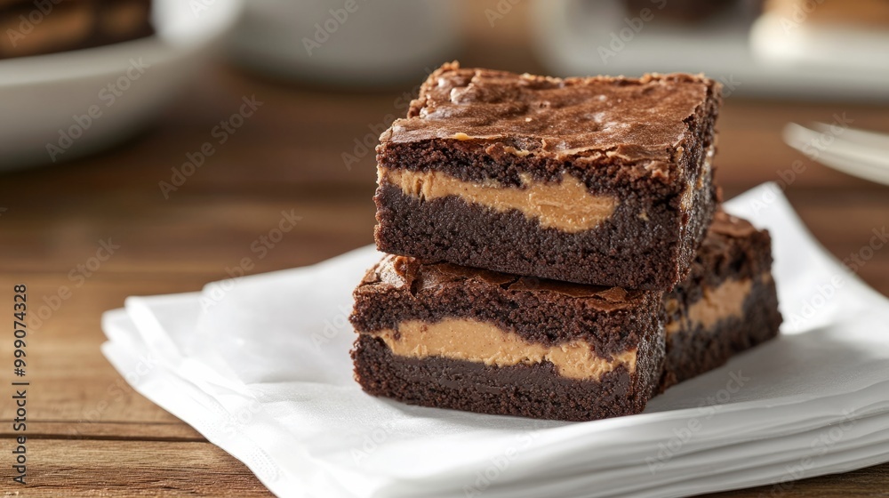 Brownie squares with a layer of peanut butter, served on a white napkin generative ai Brownie squares with a layer of peanut butter, served on a white napkin generative ai
