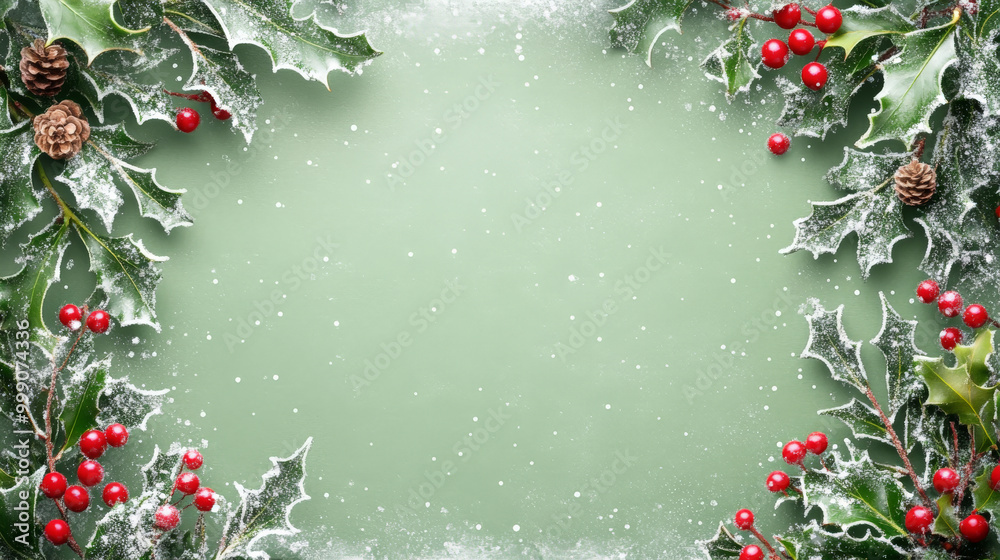 A green Christmas template featuring a festive frame with holly leaves and berries, set against a snowy background. A green Christmas template featuring a festive frame with holly leaves and berries, set against a snowy background.