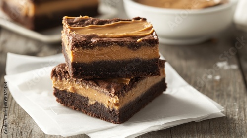 Brownie squares with a layer of peanut butter, served on a white napkin generative ai