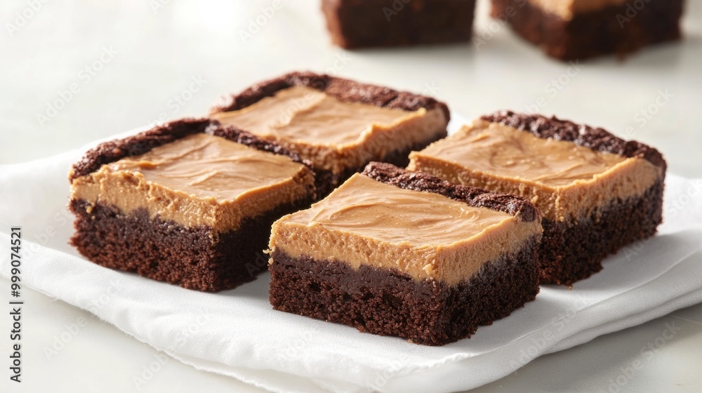 Brownie squares with a layer of peanut butter, served on a white napkin generative ai Brownie squares with a layer of peanut butter, served on a white napkin generative ai