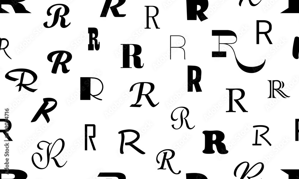 Vector seamless alphabet pattern with black bold latin letters. White repeatable unusual background. Fashion trendy design. Seamless black alphabet pattern on white. Letter r Vector seamless alphabet pattern with black bold latin letters. White repeatable unusual background. Fashion trendy design. Seamless black alphabet pattern on white. Letter r