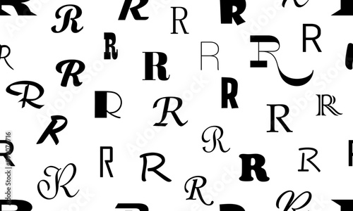 Vector seamless alphabet pattern with black bold latin letters. White repeatable unusual background. Fashion trendy design. Seamless black alphabet pattern on white. Letter r
