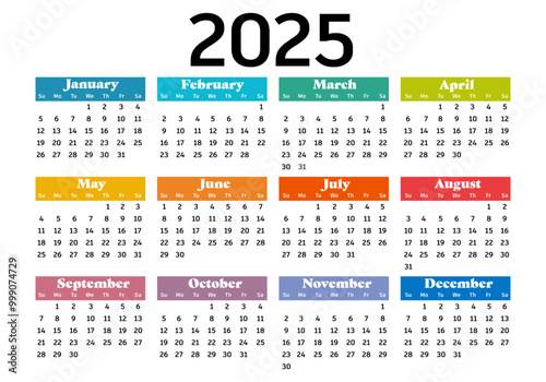 Calendar 2025 on white background. Colorful calendar 2025 year. Simple vector template