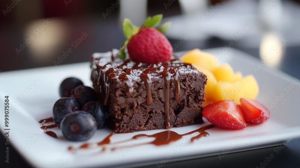 Brownie with a drizzle of salted caramel, plated with a side of fresh fruit generative ai Brownie with a drizzle of salted caramel, plated with a side of fresh fruit generative ai