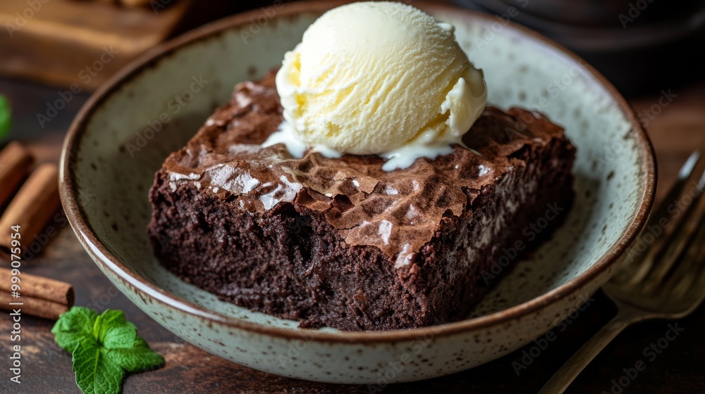 Brownie with a soft center and crunchy edges, served with vanilla ice cream in a bowl generative ai