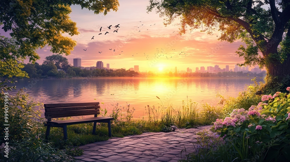 A wooden bench sits on a stone pathway overlooking a lake and a cityscape at sunrise, with flowers blooming in the foreground and birds flying overhead. A wooden bench sits on a stone pathway overlooking a lake and a cityscape at sunrise, with flowers blooming in the foreground and birds flying overhead.