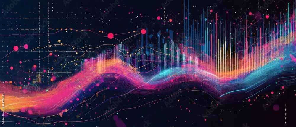 Abstract digital art with bright neon colors, streaks, and dots, against a dark background.