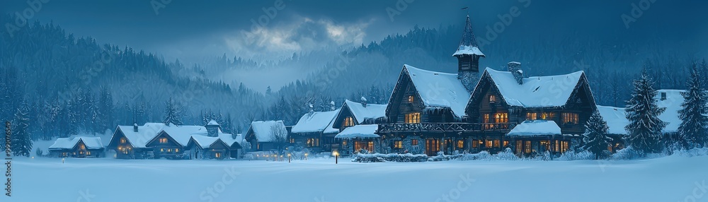 Tranquil Winter Cabin Scene with Snowy Landscape Tranquil Winter Cabin Scene with Snowy Landscape
