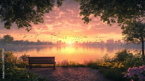 A tranquil scene of a lake with a cityscape in the background as the sun sets behind the horizon.