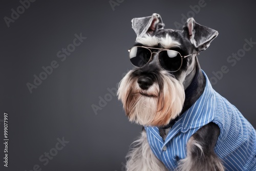 Stylish Schnauzer dog wearing sunglasses and a blue striped shirt.