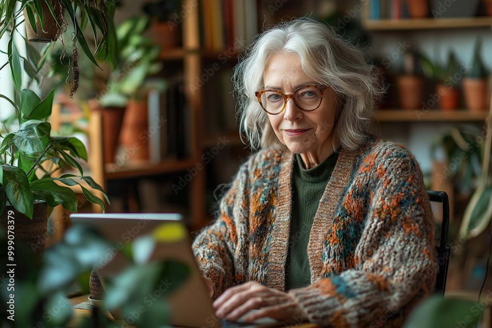 Portrait of a smiling elderly woman working on a laptop in a cozy home filled with plants during the afternoon Portrait of a smiling elderly woman working on a laptop in a cozy home filled with plants during the afternoon