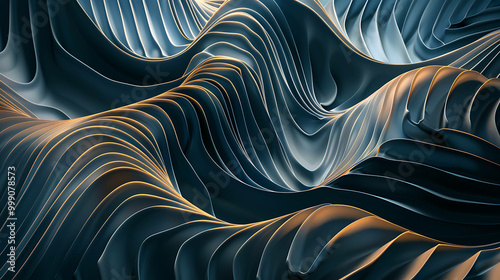 Abstract wavy pattern with blue and gold colors.