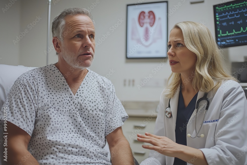 Obraz premium Middle-aged Caucasian man in a hospital gown consulting with a female doctor in a medical office, focusing on health concerns and treatment options