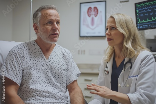 Middle-aged Caucasian man in a hospital gown consulting with a female doctor in a medical office, focusing on health concerns and treatment options