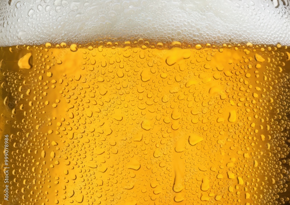 Close-up of a frothy, cold glass of golden beer with condensation. Close-up of a frothy, cold glass of golden beer with condensation.